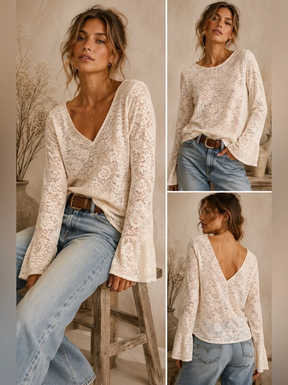 Free People Intimately Peach Lace Reversible Top V-Neck / Round Neck Size M